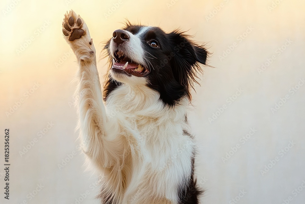 Fototapeta premium happy black and white dog raising one paw in greeting against a soft, light background