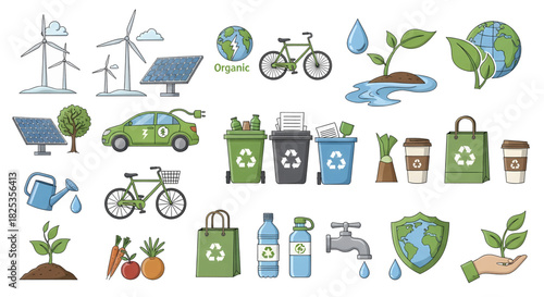 Hand-drawn eco-friendly and sustainability icons set with renewable energy recycling and green living elements.