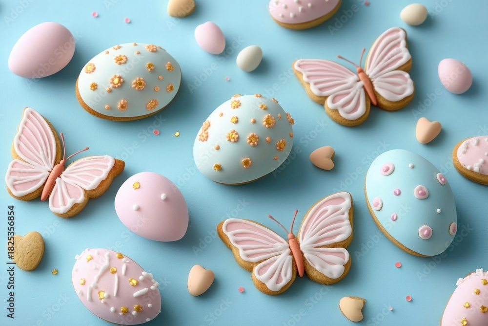 Fototapeta premium Decorated pastel Easter egg and butterfly shaped cookies with icing on a light blue background conveying a festive and cheerful mood