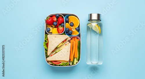 Balanced lunch box with sandwich and fresh fruit on blue background