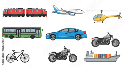 Assorted Colorful Transportation Vehicles Isolated on White Background.