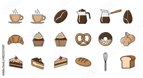 A colorful vector icon set of coffee shop and bakery items including coffee cakes bread and pastries.