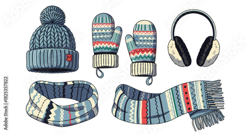 Winter Accessories Set: Knitted Hat Mittens Earmuffs and Scarf with Colorful Patterns.
