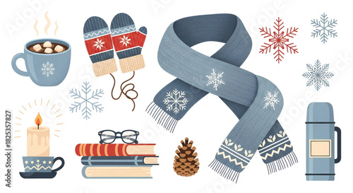Cozy winter collection featuring scarf mittens hot chocolate books candle and thermos.