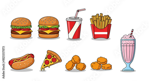 Set of colorful hand-drawn style fast food icons including burgers fries pizza and a milkshake.