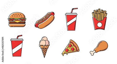 Assorted Fast Food Icons: Burger Hotdog Soda Fries Ice Cream Pizza and Chicken Leg.
