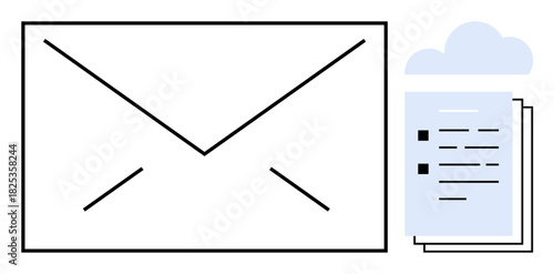 Envelope alongside stack of documents and cloud icon representing digital message sending, data sharing, and secure storage. Ideal for communication, technology, workflow, storage, networking