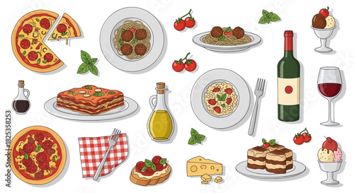 Italian Cuisine: Pizza Pasta Wine and Desserts - A Culinary Collection.