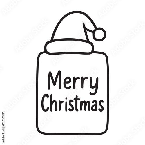 Monochrome vector graphic featuring Merry Christmas message in a present box topped with a Christmas knit cap, clean simple black and white line art for festive seasonal greeting card design
