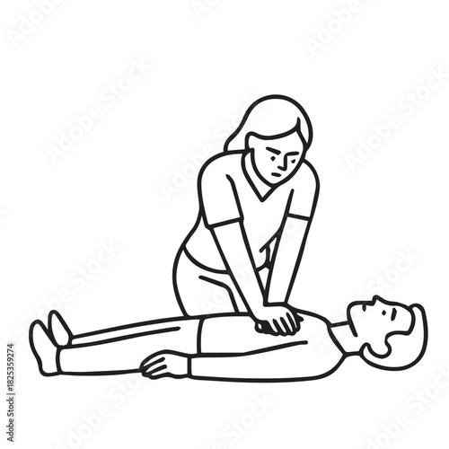 Black and white vector art showing a woman giving CPR life saving assistance to an unconscious man, straightforward minimalist illustration of emergency medical procedure with simple lines