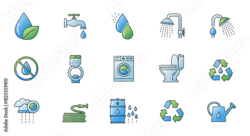 Collection of Colorful Water-Related Icons and Symbols.