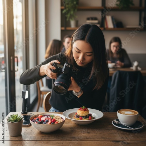 young woman content creator photographing food at a restauramt