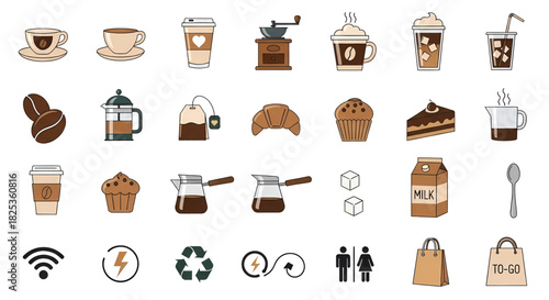 Assortment of Coffee Cups Drinks and Food Icons in a Row.