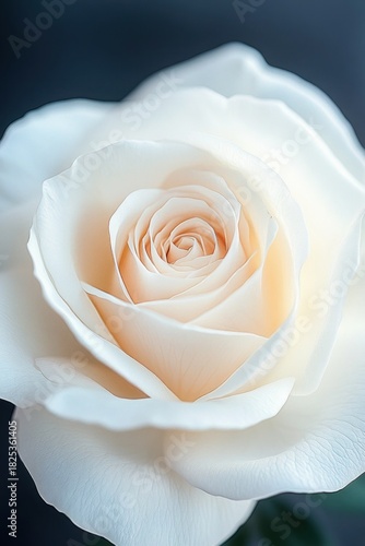 Close-up of a delicate white rose with softly curled petals exuding purity and elegance against a blurred dark background
