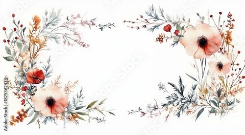 Delicate watercolor floral arrangement with soft peach and red flowers surrounded by muted green leaves and small orange and red buds on a white background