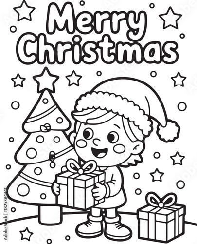 Festive coloring page showing child with Christmas tree and gift says Merry Christmas
