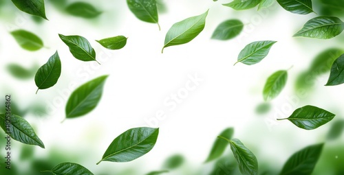 Bright green leaves floating and swirling gently against a soft blurred light background, creating a fresh and natural atmosphere