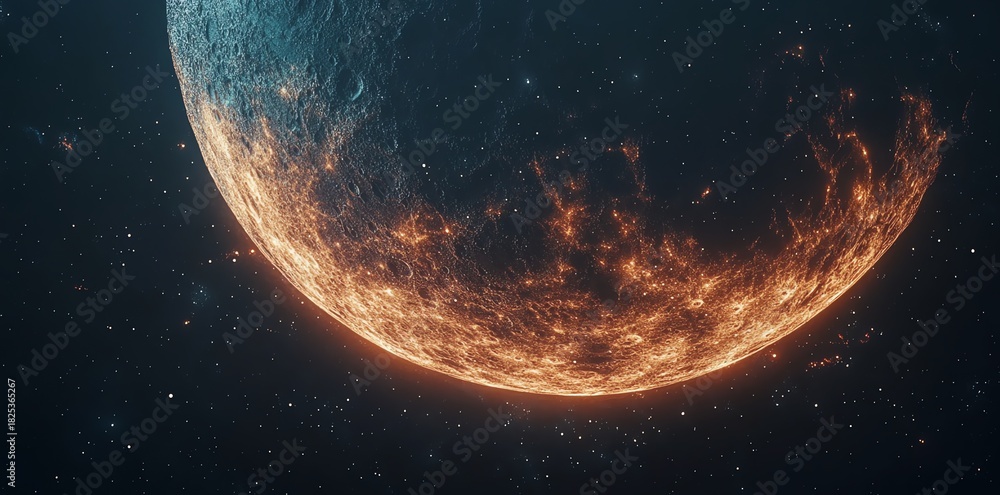 Obraz premium Close Up View of a Volcanic Moon in Space with Cratered Surface and Glowing Lava