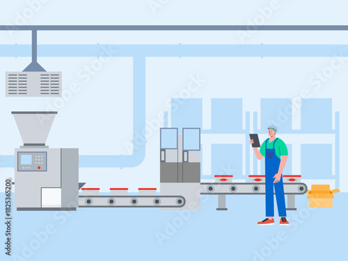 Workers supervise the packing of products. Food industry vector illustration. Flat illustration concept.	