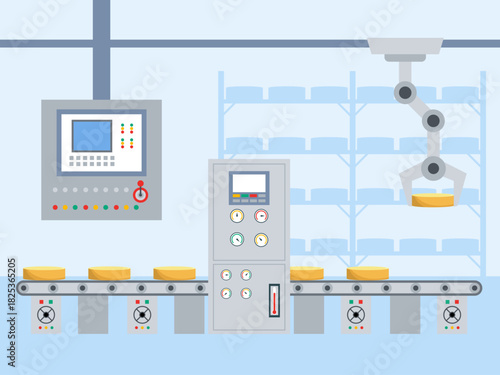 Food industry factory automatic production conveyor. Food industry vector illustration. Flat illustration concept.	