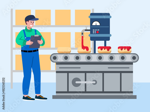 Man working at food factory. Food industry vector illustration. Flat illustration concept.	
