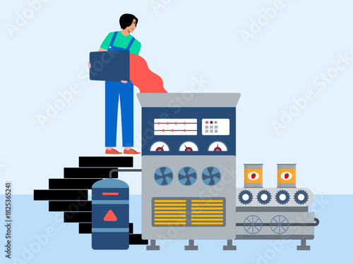 Factory workers are stocking the machine for jam. Food industry vector illustration. Flat illustration concept.	