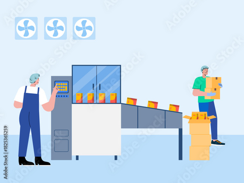 Two workers are packing food into cardboard boxes. Food industry vector illustration. Flat illustration concept.	