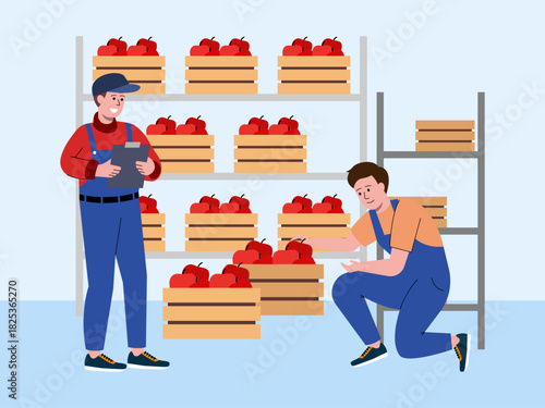 Two workers are sorting apple stock in wooden boxes. Food industry vector illustration. Flat illustration concept.	