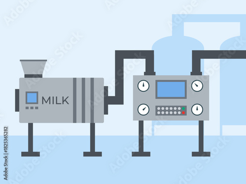 A dairy factory conveyor pours and packs milk bottles. Food industry vector illustration. Flat illustration concept.	