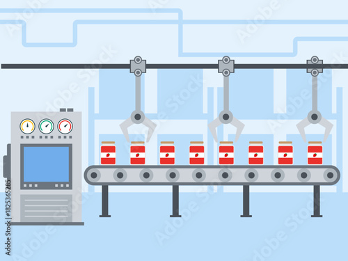 Conveyor strawberry jam. Food industry vector illustration. Flat illustration concept.	