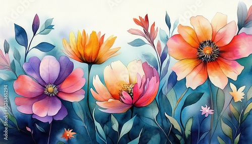 Vibrant watercolor painting of various colorful blooming flowers with green leaves on a soft blue background conveying a fresh and lively feeling