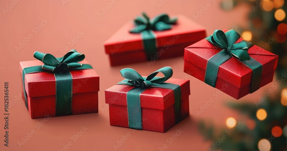 Fototapeta premium Four red gift boxes with green ribbons neatly arranged on a soft pink surface conveying festive and joyful atmosphere