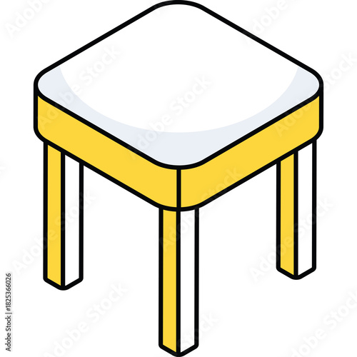 Simple Isometric Stool with Yellow Frame and White Top Isolated on Transparent Background