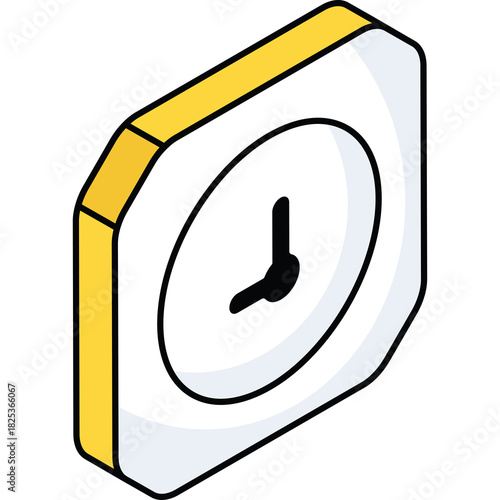 Simple Isometric Clock Icon With White Face Yellow Frame and Black Hands Indicating Time Against A Transparent Background