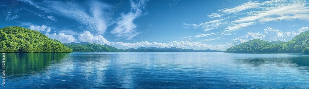 Naklejka premium Calm lake surrounded by lush green hills under a bright blue sky with wispy clouds during a sunny day