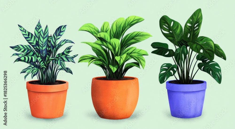 Fototapeta premium Three different leafy green potted plants placed side by side on a light background, showcasing various shades of green and pot colors, evoking calm and nature