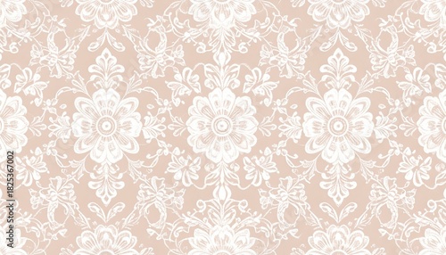 Elegant white floral pattern with delicate petals on soft peach background for aesthetic design.