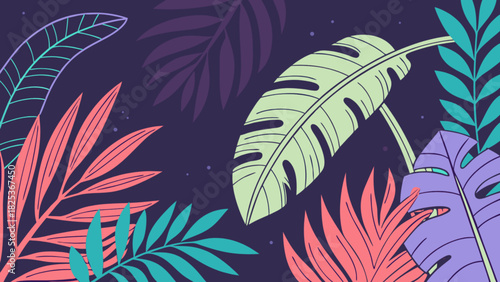 Illustration featuring a variety of colorful tropical leaves against a dark background design element