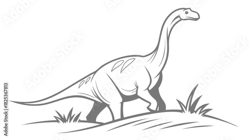 Illustration of a long necked dinosaur walking on a grassy field in a monochrome drawing style