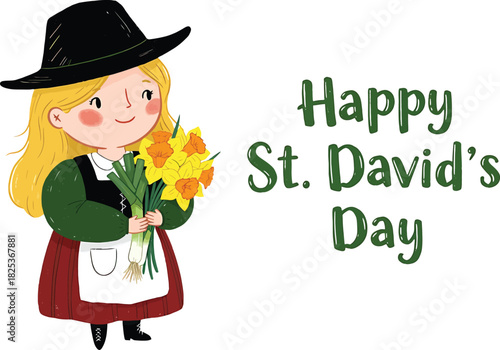 Happy St Davids Day with girl in traditional Welsh costume holding daffodils Keywords: happy, st, davids, day, girl, child, woman, traditional