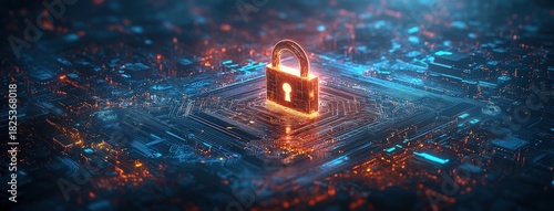 Glowing padlock symbolizing cybersecurity placed on a complex circuit board with illuminated blue and orange electronic pathways