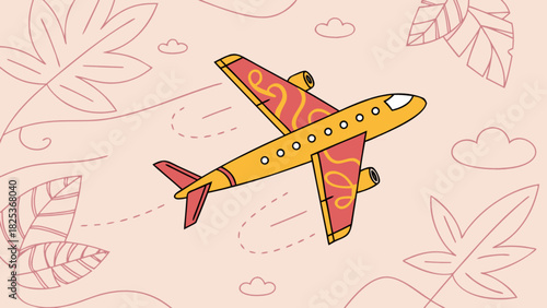 Stylized airplane flying in a pink sky with clouds and abstract leaves illustration design art