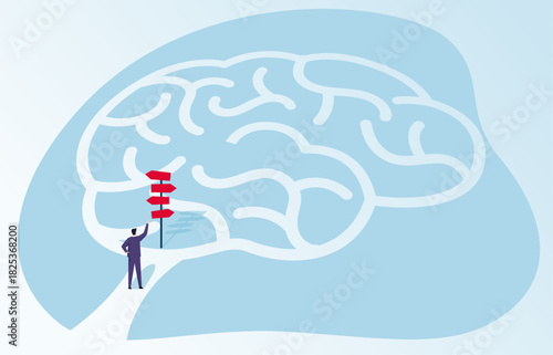 A person standing at a crossroads within a brain-shaped maze, facing a signpost. It symbolizes the complexities of decision-making and navigating the intricacies of thought processes.