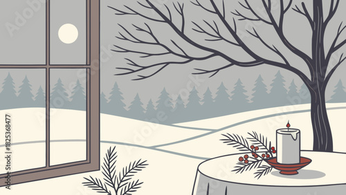 Winter scene through a window with a candle on a table and a tree outside in a snowy landscape
