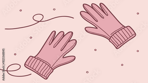 Illustration of a pair of pink gloves with ribbed cuffs floating on a pink background with dots and swirls