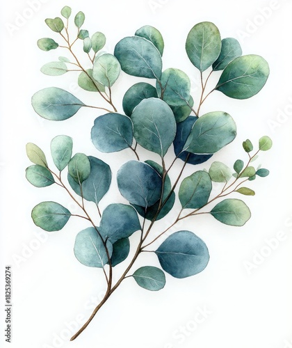 Delicate watercolor painting of eucalyptus branches with round blue-green leaves on a white background, evoking calm and natural elegance