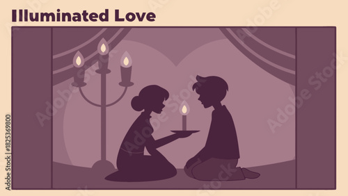 Silhouette of a couple kneeling with a candle and candelabra in a room with curtains in the background
