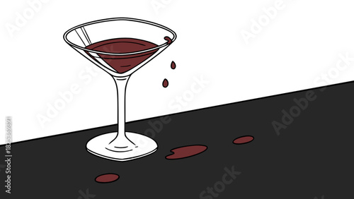 Illustration of a martini glass with red liquid and spills on a dark surface against a white background