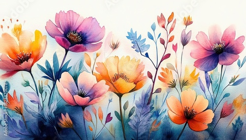 Delicate watercolor painting of vibrant orange, pink, purple, and blue flowers with soft leaves and stems creating a serene garden scene