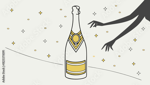 Illustration of a champagne bottle with a shadow hand reaching for it on a starry background